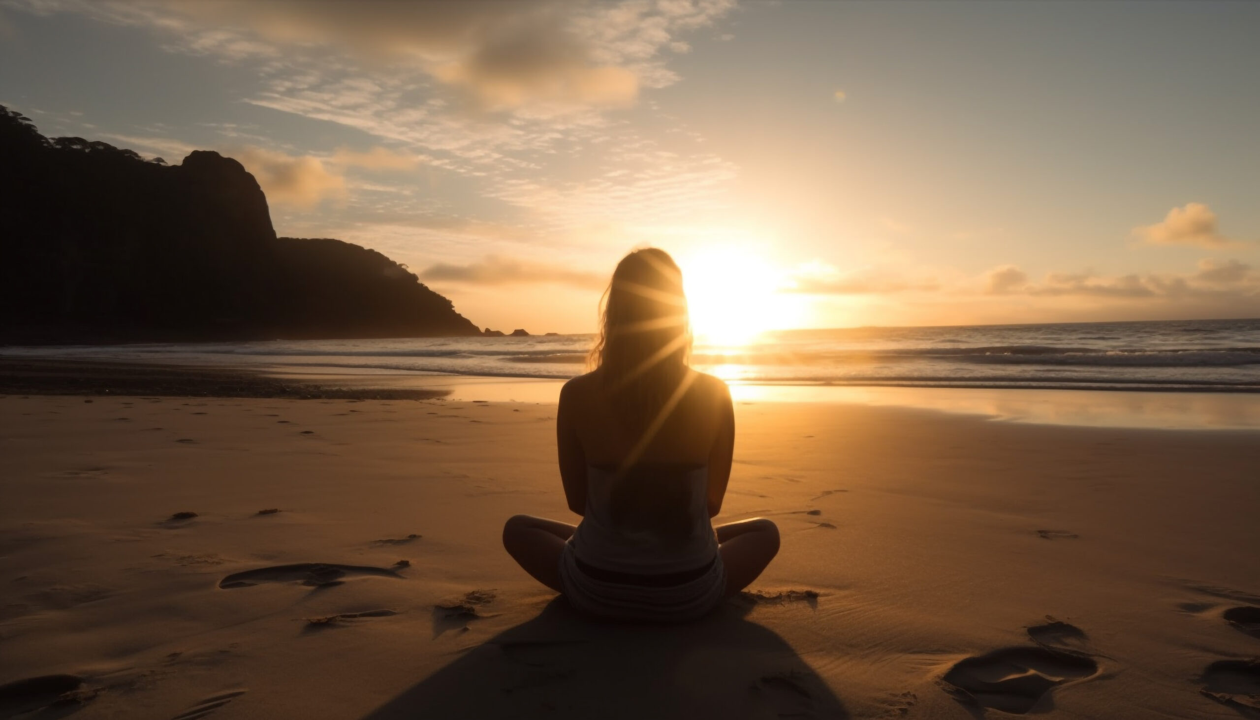 One woman meditates, backlit by tranquil sunrise generated by artificial intelligence