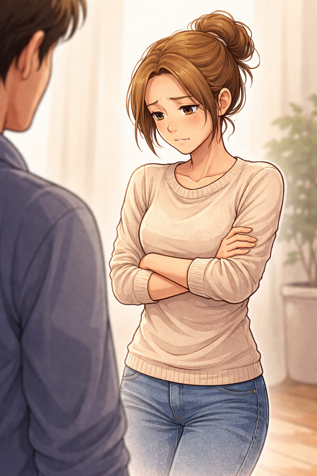 Regard hésitant sous une lumière douce