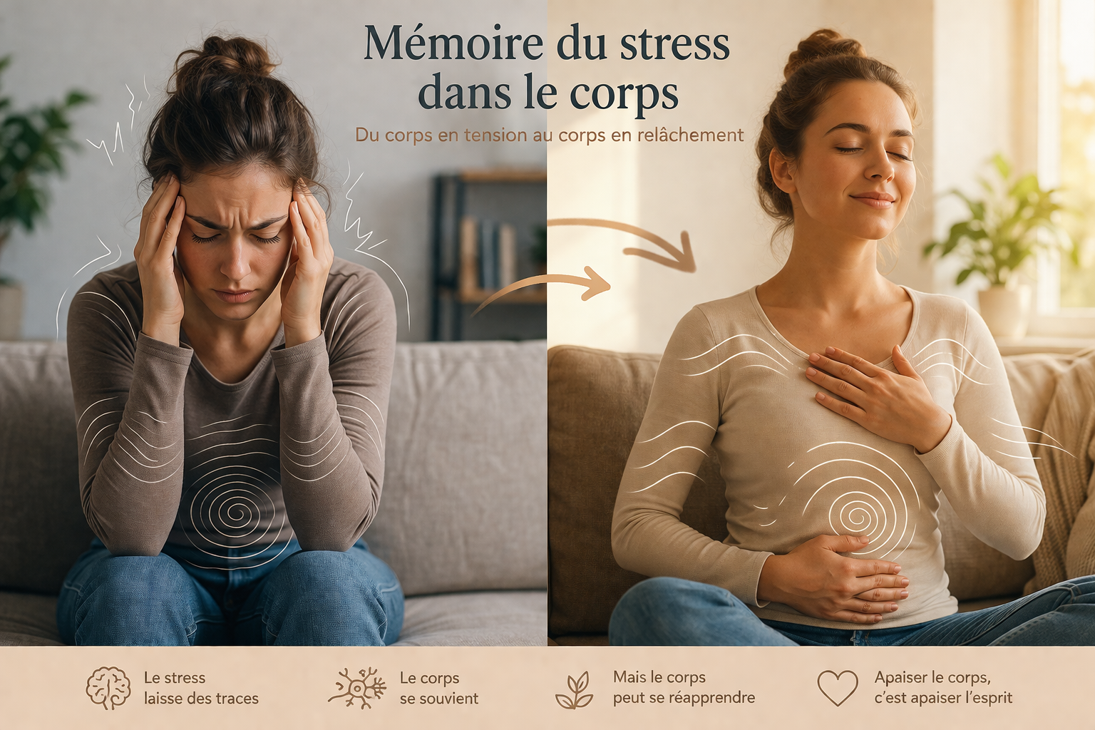 Mémoire du stress dans le corps femme en posture de tension puis de relâchement